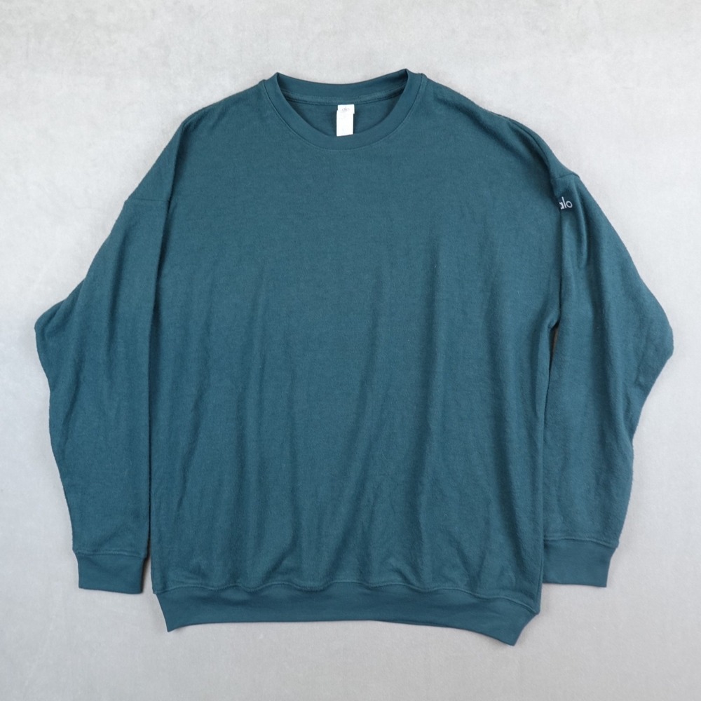 Alo Sweatshirt Mens Small Green Fleece Crewneck Pullover Logo Yoga Athletic